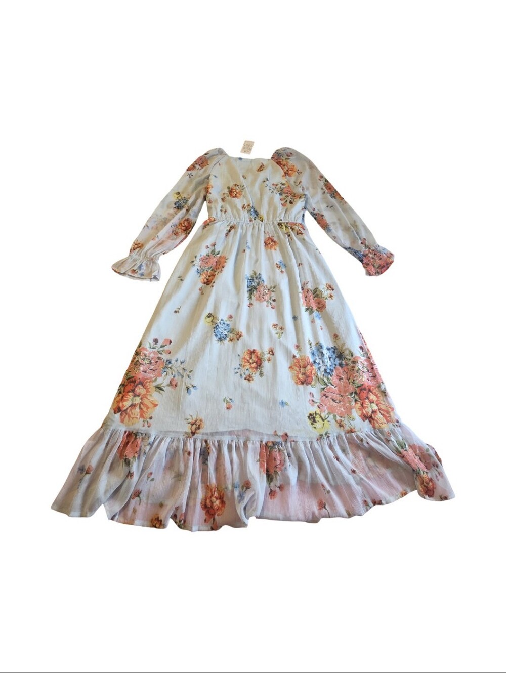 Patrons of Peace Long Floral V-Neck Maxi Dress in Light Blue